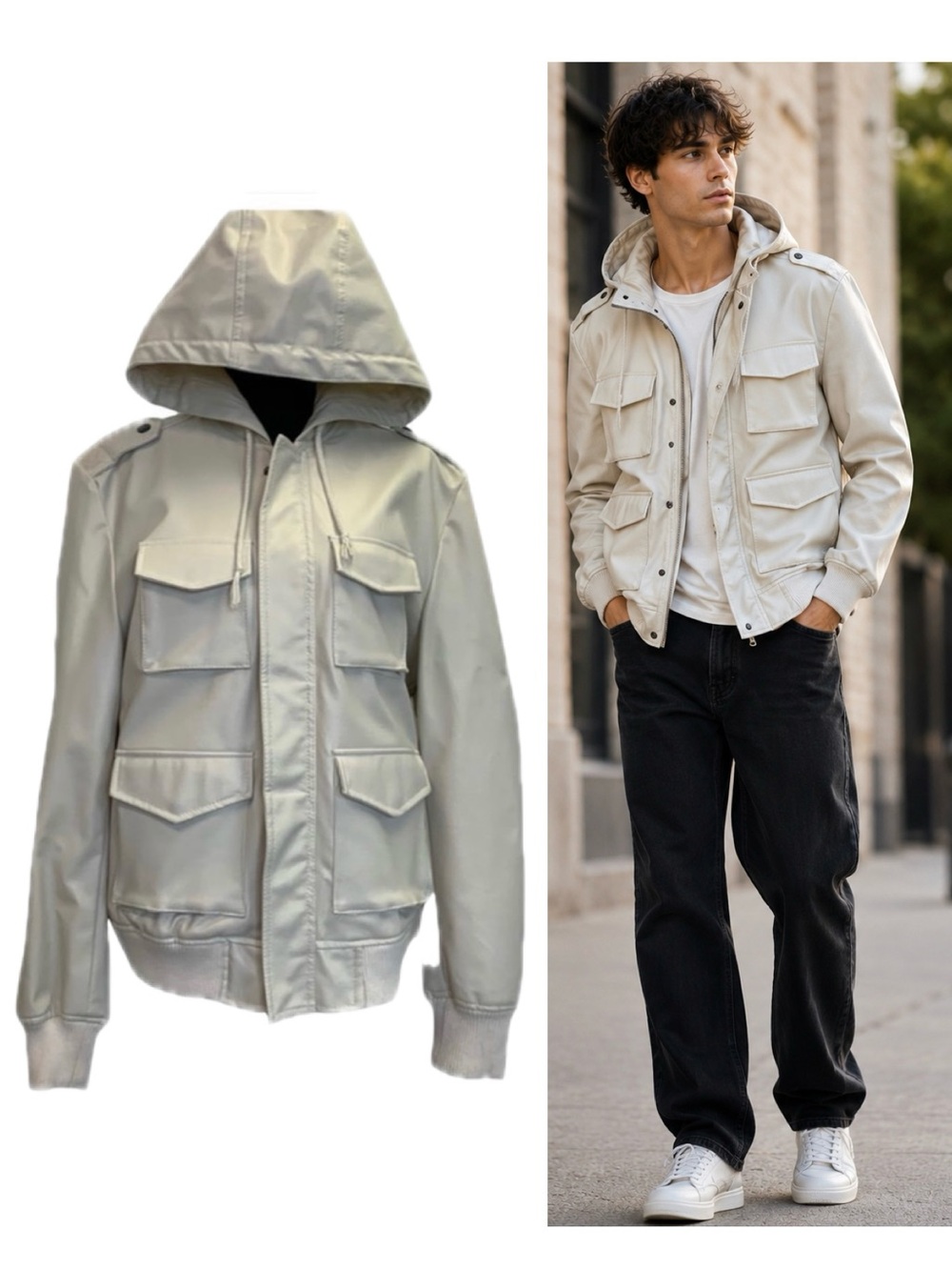 MOTO Cream Faux Leather Hooded Utility Jacket Size Small